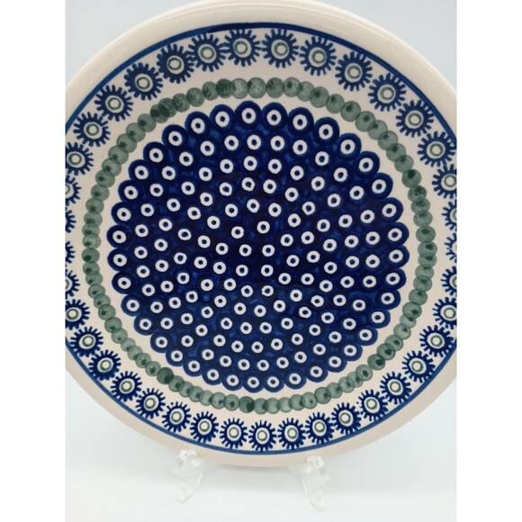 Hand Made Polish Pottery Dinner Plate Boleslawiec Peacock Sun Blue - Picture 2 of 4